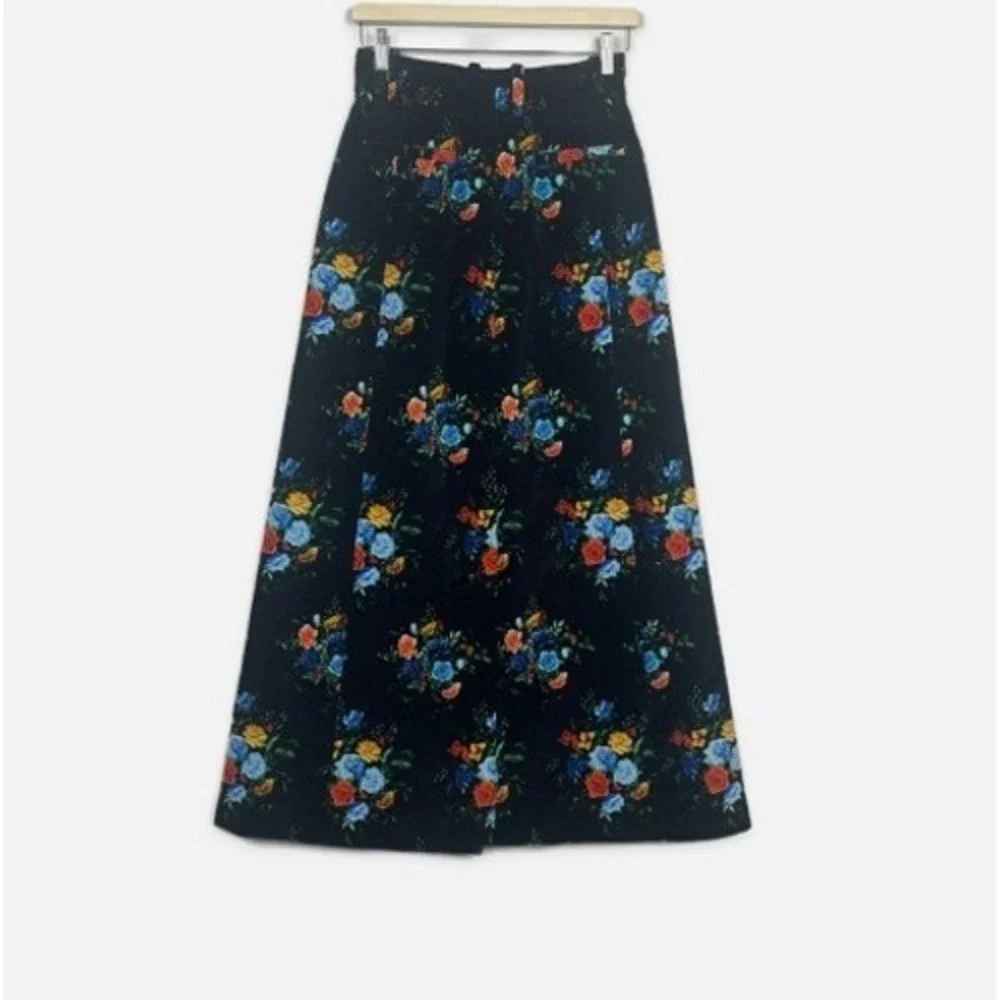 Paco‎ Rabanne Jupe Floral Cotton Blend Maxi Skirt Velvet Black Size 38 / 6 US